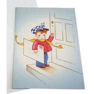Vintage Greeting Card Thinking of You Delivery Boy Checkered Cap Letter Unused